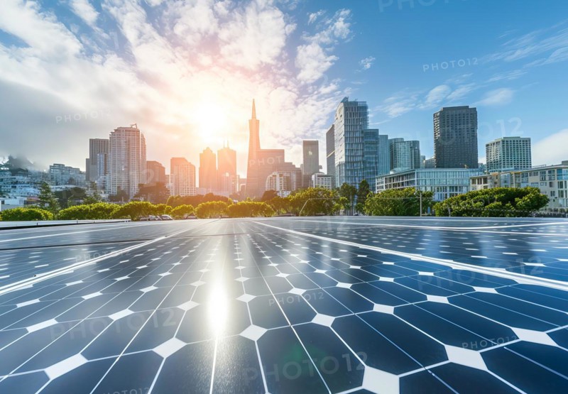 Solar panels installed in the city residential area to produce clean eco sustainable energy, AI generated