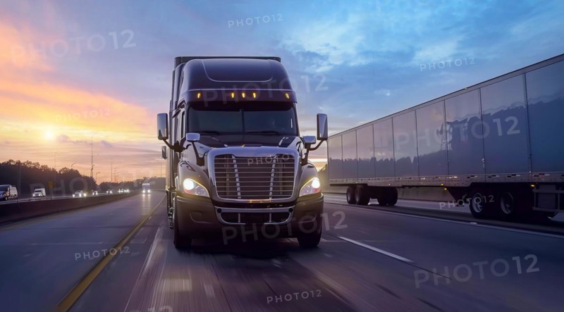 Long haul container truck carrying commercial cargo delivery, Close-up and low-angle, AI generated