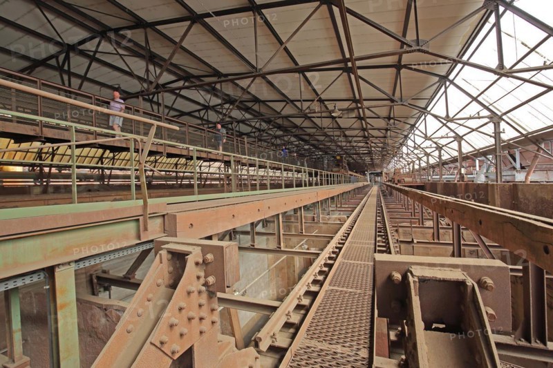 Interior view of the Möllerhalle with steel girders and long corridors with tourists, UNESCO Völklingen Ironworks, steel construction, long, large, walkway, path, rusty, vanishing point, roof, bolts, nuts, connection, Völklingen, Saarland, Germany, Europe