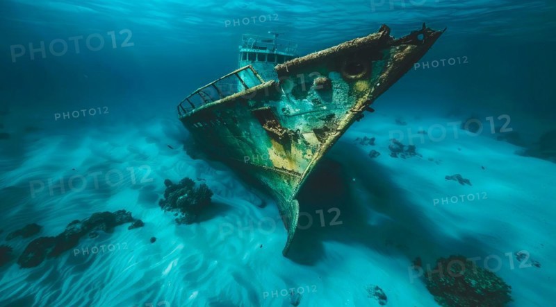 A shipwreck is seen in the ocean deep underwater, AI generated