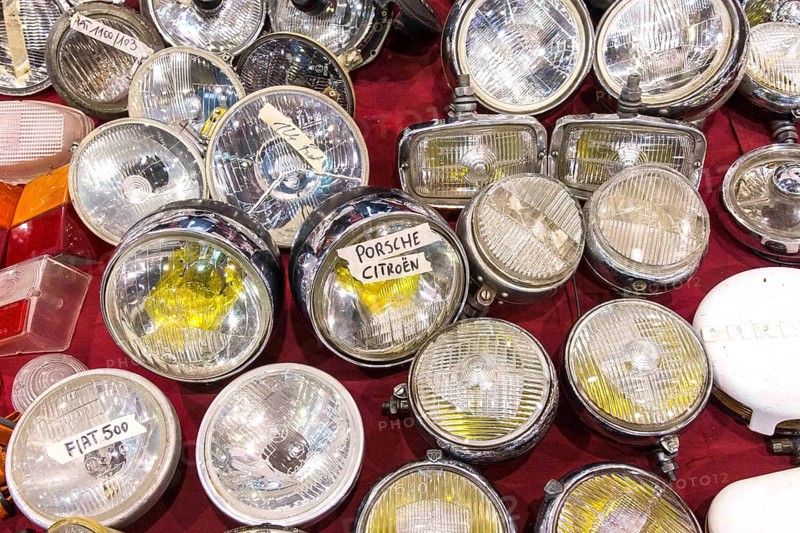 Headlights for Citro'n, Porsche and Fiat classic cars offered by a spare parts dealer at Techno Classica, the trade fair for vintage, classic and prestige cars, motorsport, motorbikes, spare parts and restoration, Essen, 27 March 2014, Essen, North Rhine-Westphalia, Germany, Europe
