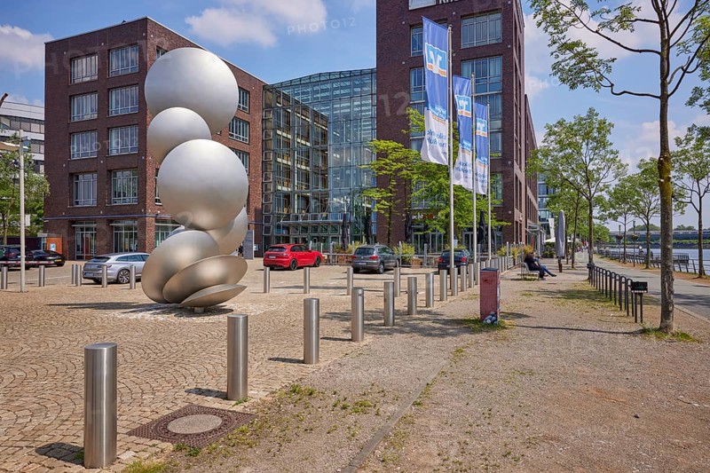 Sculpture Cultivator 4 by Thomas Schönauer made of glass-blasted stainless steel in front of the Volksbank Rhein-Ruhr headquarters at the inner harbour in Duisburg, Ruhr area, independent city, North Rhine-Westphalia, Germany, Europe