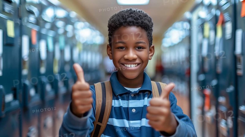 Cute african american school boy giving a thumbs up in the hallway of his school. generative AI, AI generated