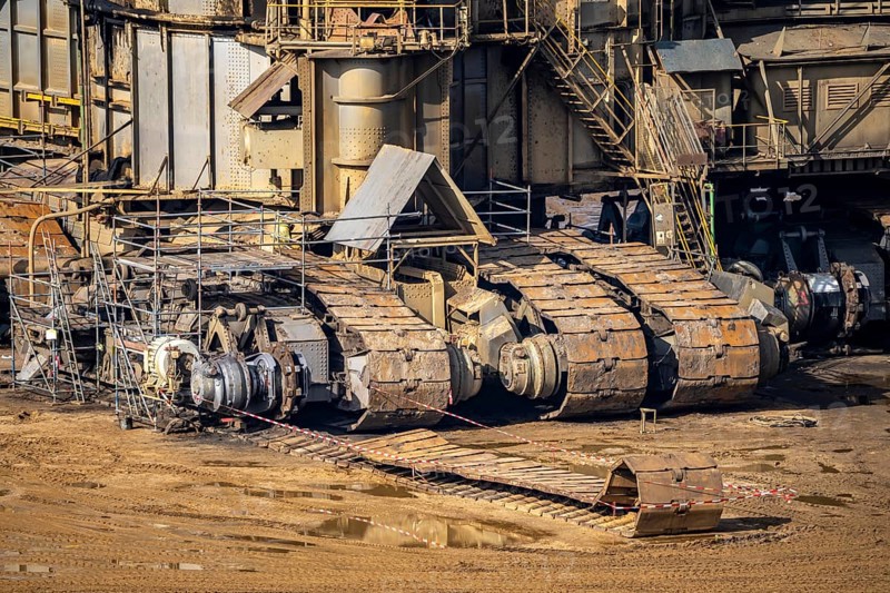 Garzweiler opencast lignite mine, bucket wheel excavator undergoing maintenance and repair, near Jüchen, North Rhine-Westphalia, Germany, Europe