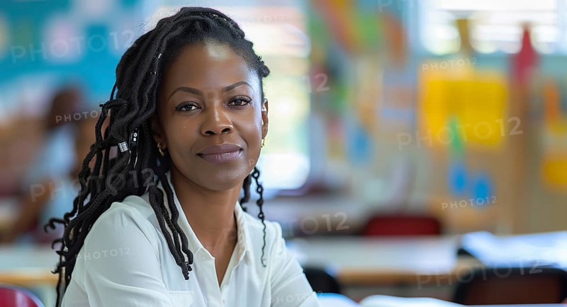 Proud smiling african american female teacher standing in her classroom. generative AI, AI generated