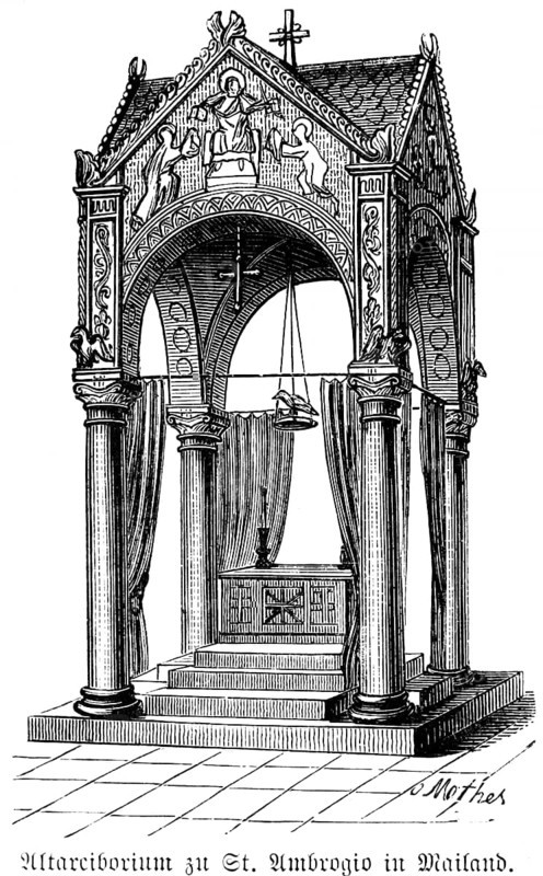 Altar altar in Sant Ambrogio in Milan, canopy, superstructure over altar, four corner columns, ornaments, Italy, historical illustration 1880, Europe