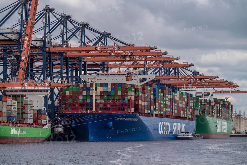 Euromax Container Terminal, container freighter Cosco Shipping Universe, in front and Ever Genius, Evergreen shipping company, being loaded and unloaded, seaport of Rotterdam, deep sea harbour Maasvlakte 2, on an artificial land area, Netherlands