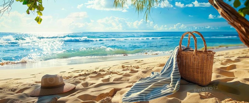 Beach scene with a straw hat, beach bag. Summer vacation, palm trees and ocean in the background, AI generated