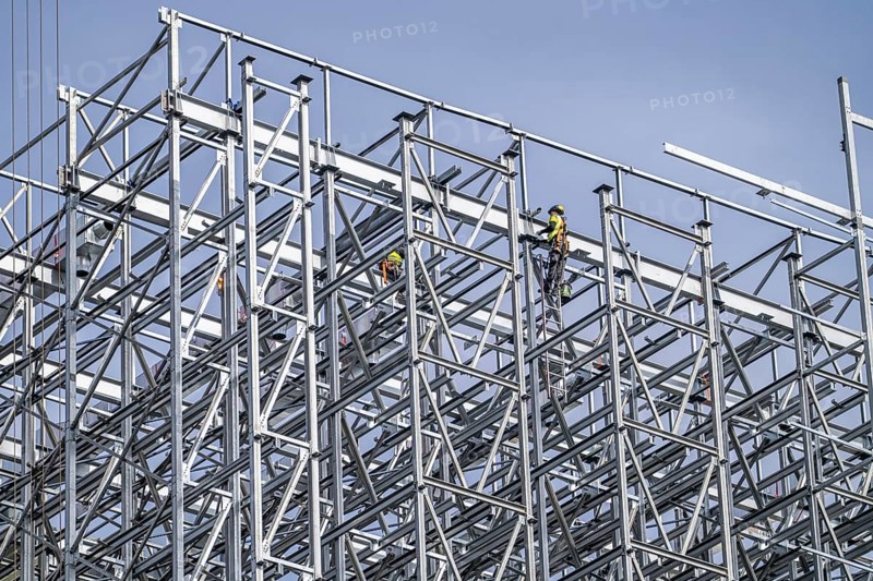 Construction of a high-bay warehouse, storage system for high space utilisation, in steel construction, North Rhine-Westphalia, Germany, Europe