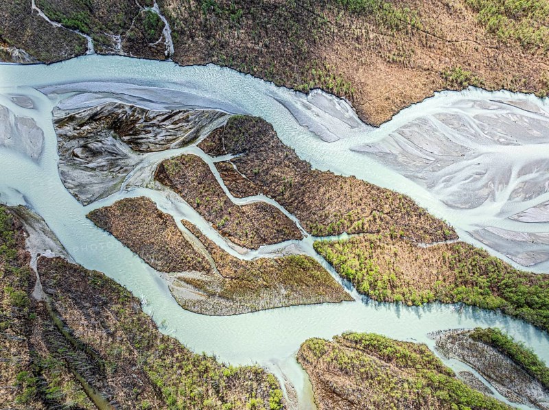 The widely branching arms of river Jostedalsola, a glacial river originating in the Jostedalsbreen glacier, Norway, Europe