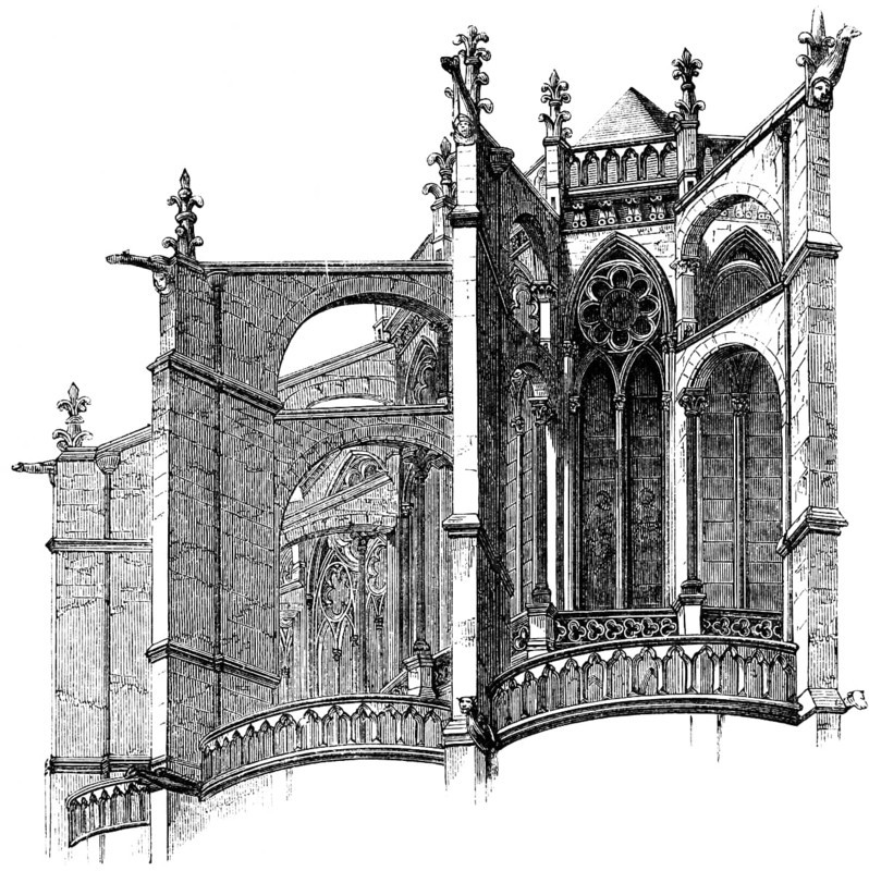 Buttresses of the Gothic Basilica of Saint-Denis, rose window, ornamentation, France, historical illustration 1880, Europe