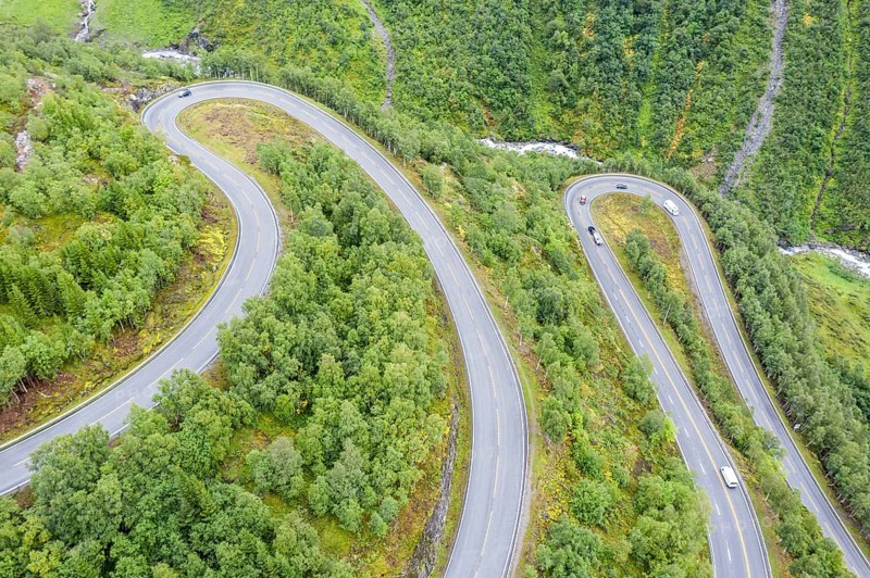 Hairpin curves in valley Hjelledalen east of Stryn, Norway, Europe