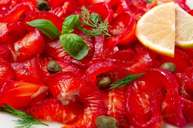 Salmon gravlax with beetroot, Scandinavian snack, beet gravlax, lightly salted fish, homemade, no people