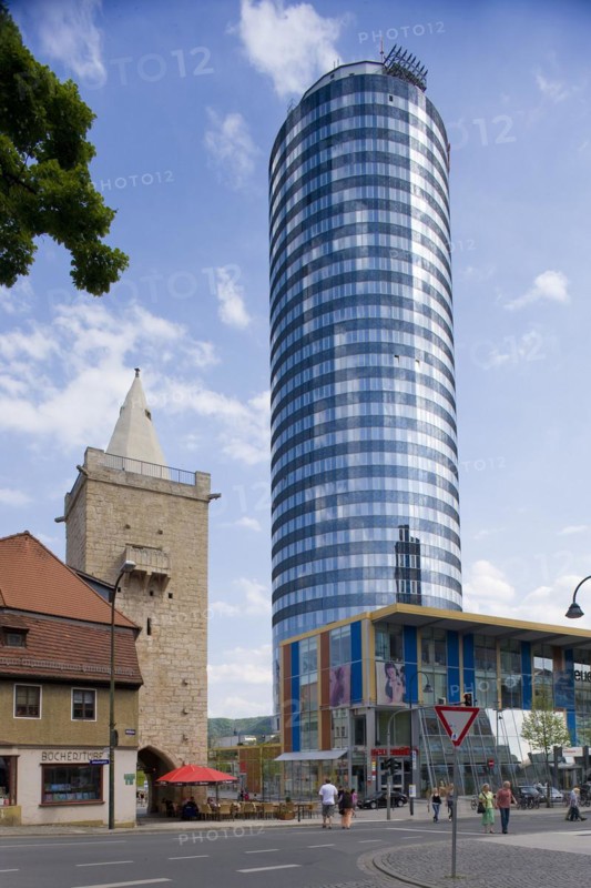Jena is a university town and independent city in Thuringia in the metropolitan region of Central Germany. After the state capital Erfurt, it is the second largest city in Thuringia and one of the three regional centres in the state. The tallest office building in the new federal states - the almost 160 metre high Jentower, Jena, Thuringia, Germany, Europe
