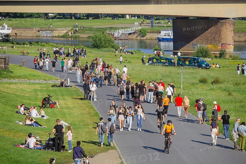 Men's groups out and about on the banks of the Elbe, the Elbe cycle path and the Elbe meadows, Dresden, Saxony, Germany, Europe