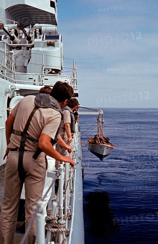 Cutter manoeuvre, soldiers, 56th foreign training voyage, training ship Germany, German Navy, Atlantic, July 1982, vintage, retro, old, historical