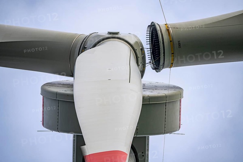 Erection of a wind turbine, wind energy plant, assembly of the third blade, with a crawler lattice crane, wind farm near Hagen, North Rhine-Westphalia, Germany, Europe