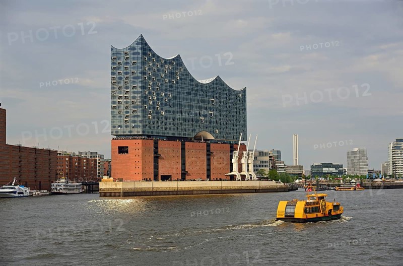 Europe, Germany, Hanseatic City of Hamburg, Elbe, Elbe Philharmonic Hall seen from the water, three historic Demag cranes from 1963, harbour ferry, Hamburg, Hamburg, Federal Republic of Germany, Europe