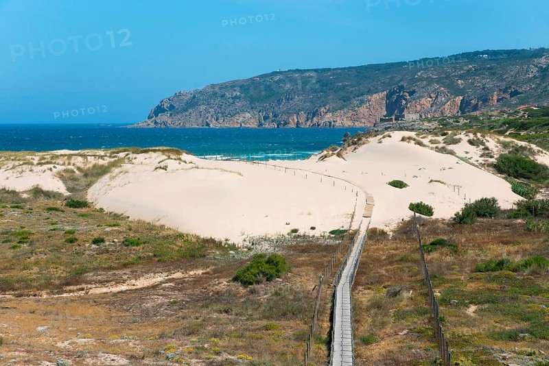 View of sand dunes with some vegetation, behind them the sea and rocks, clear sky footbridge, travelling dune, Duna da Cresmina, dune system Guincho-Cresmina, dune Cresmina, Parque Natural de Sintra-Cascais, dune wind corridor Cresmina-Oitavos, Cascais, Lisbon, Lisboa