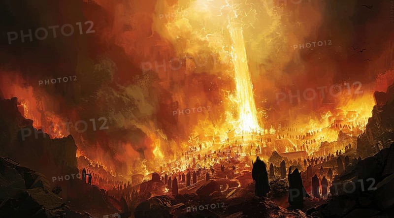 A fiery, dark scene of hell and eternal burning fire that punishes suffering sinners, AI generated