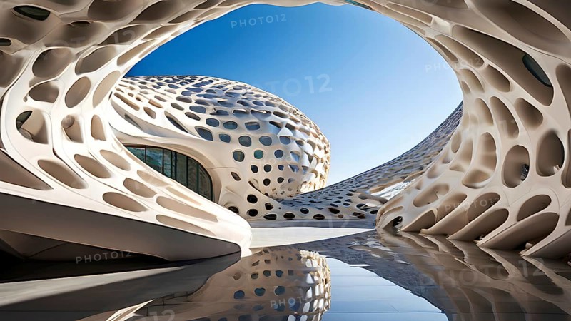Modern art museum architecture inspired by seashells spiral patterns, AI generated