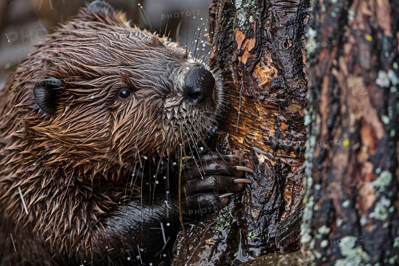 Close up of Beaver gnawing on tree. Generative ai, AI generated