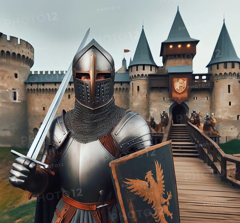 A knight with armour, helmet, shield and sword stands in front of a medieval castle, AI generated, AI generated