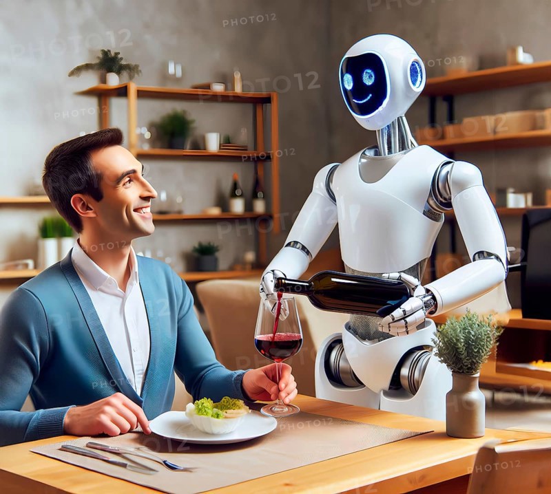 A humanoid robot serves wine to a man, symbolic image staff shortage, service, hospitality industry, cybernetics, AI generated, AI generated