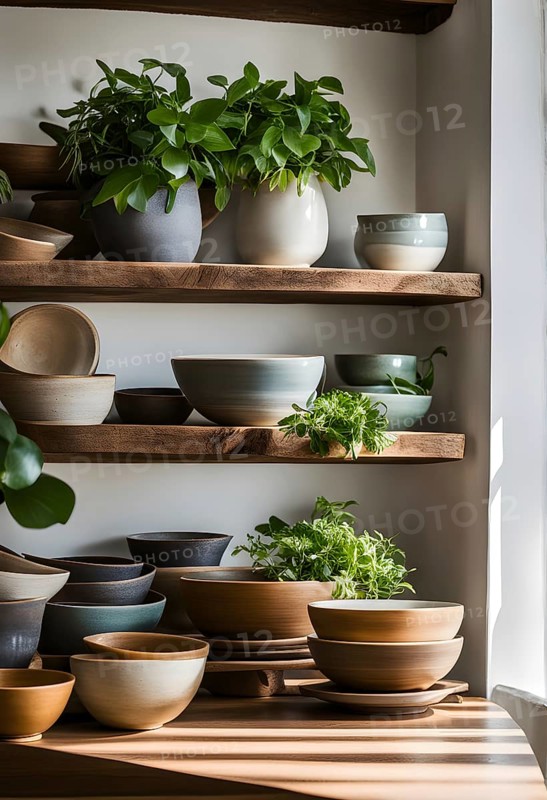 A sunlit kitchen corner, with a rustic wooden shelf holding neatly arranged ceramic bowls and a single, vibrant green houseplant, AI generated