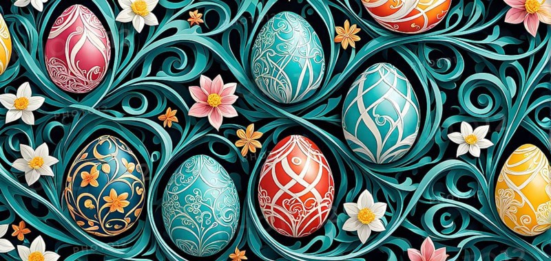 A whimsical abstract pattern with intertwined ribbons, eggs, and floral motifs, with a mix of sharp and soft lines creating depth, AI generated