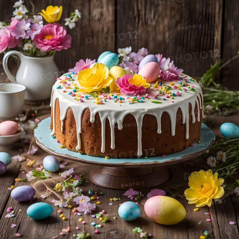 Decorated Easter cake with intricate icing flowers and colorful sprinkles, placed on a rustic wooden table, AI generated