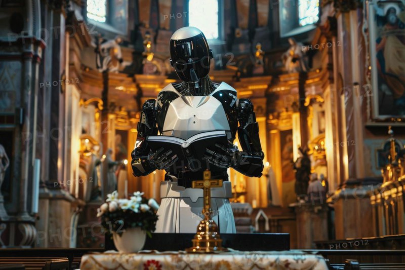 Humanoid with female attributes preaches on behalf of a human priest, female priest, at an altar in a church, vision of the future, science fiction, AI generated, AI generated, AI generated