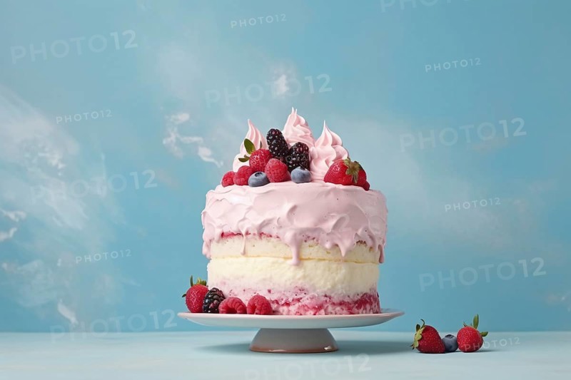 Layered cream cake with pink frosting and berry fruit mix on cake stand in front of blue background. KI generiert, generiert AI generated