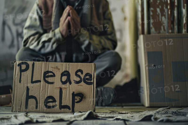 Cardboard sign with text 'Please help' and homeless beggar in background. KI generiert, generiert, AI generated