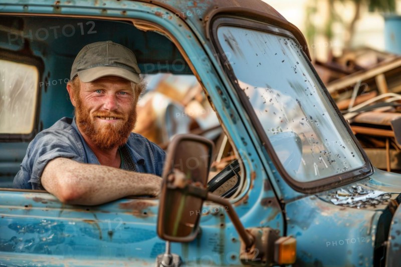 A red-haired man with a full beard, a scrap dealer in work clothes sits behind the wheel of his pickup truck in a scrap yard, AI generated, AI generated, AI generated