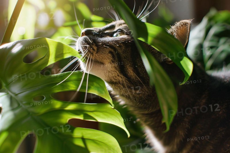 Curious cat trying to eat tropical Monstera houseplant. KI generiert, generiert, AI generated