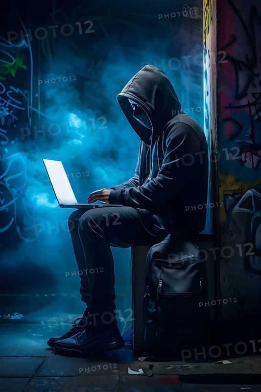 AI generated hooded man clutching a laptop symbolizing cyber criminality
