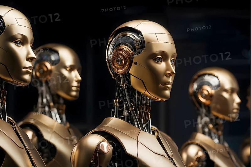 Advanced humanoid robot heads illustrating future robot concepts, AI generated