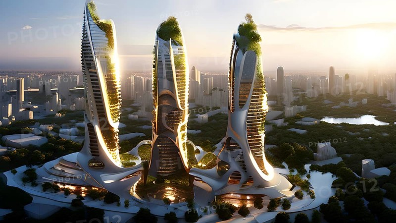 Futuristic skyscraper with termite mounds for natural ventilation and energy efficiency, AI generated