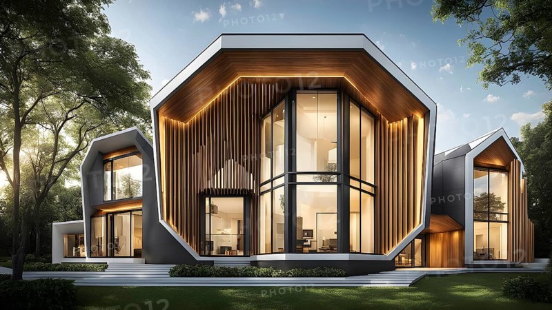 Modern residential house inspired by honeycomb hexagonal patterns, AI generated