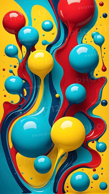Abstract image with vibrant blue and red blobs and liquid shapes on a yellow background, AI generated