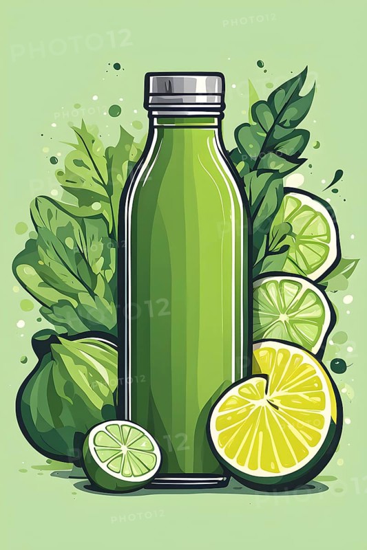 Abstract wallpaper composition with bottle of delicious green detox juice and fruits and vegetables, AI generated