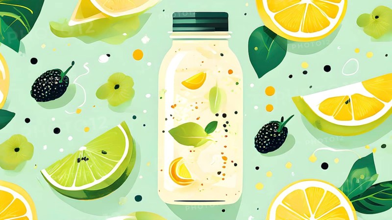 Abstract wallpaper of smoothie surrounded by an assortment of fruits and vegetables, AI generated