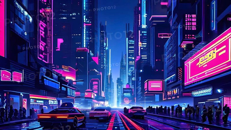 Pixel art of a cyberpunk city scape at night with neon infused skyline, AI generated