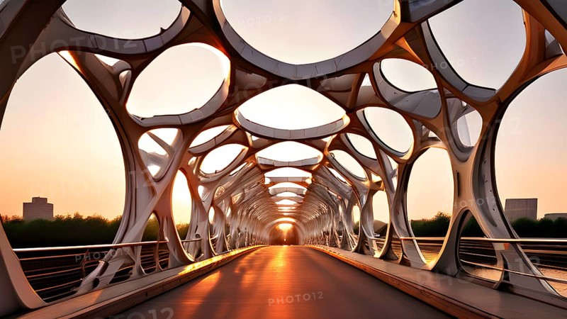 Modern bridge design of a network of interconnected shapes inspired by the structure of spider silk, AI generated