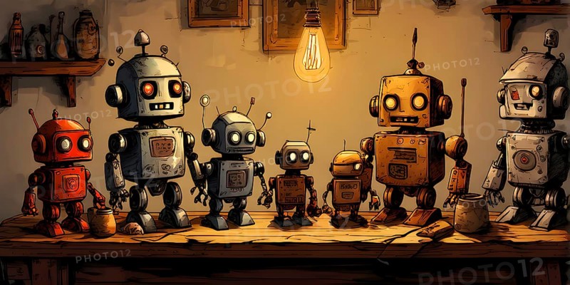 Team of robots styled as vintage toys poised atop an antique wooden table, AI generated