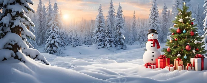 Peaceful and serene Christmas scene with a decorated Christmas tree with gifts presents and a cute snowman in a snowy forest, AI generated