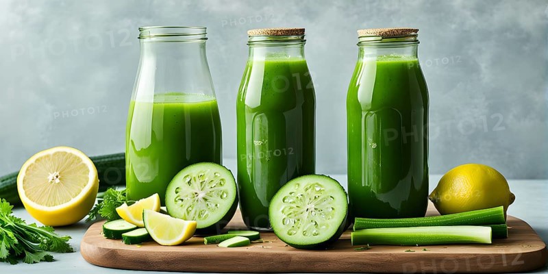 Bottle of vibrant green detox juice surrounded by green fruit and vegetables, AI generated