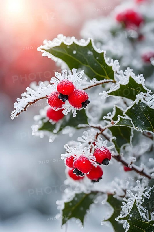 Frosty holly branch with vibrant red berries covered in delicate ice crystals, symbol for upcoming winter, AI generated