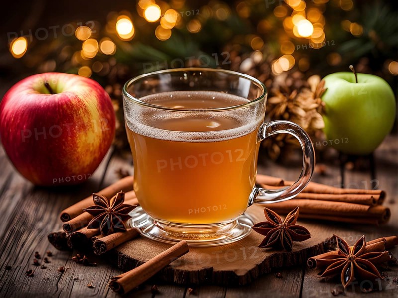 Steaming apple cider in a glass mug, garnished with a cinnamon stick and star anise, surrounded by festive decorations, AI generated